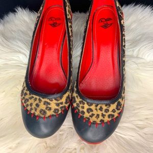 T.U.K. Frankenstein leather/leopard heels with red stitching size 7.5 US